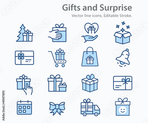 Gift box icon set. Collection of present, christmas, discount, bow and more. Vector illustration. Editable stroke.