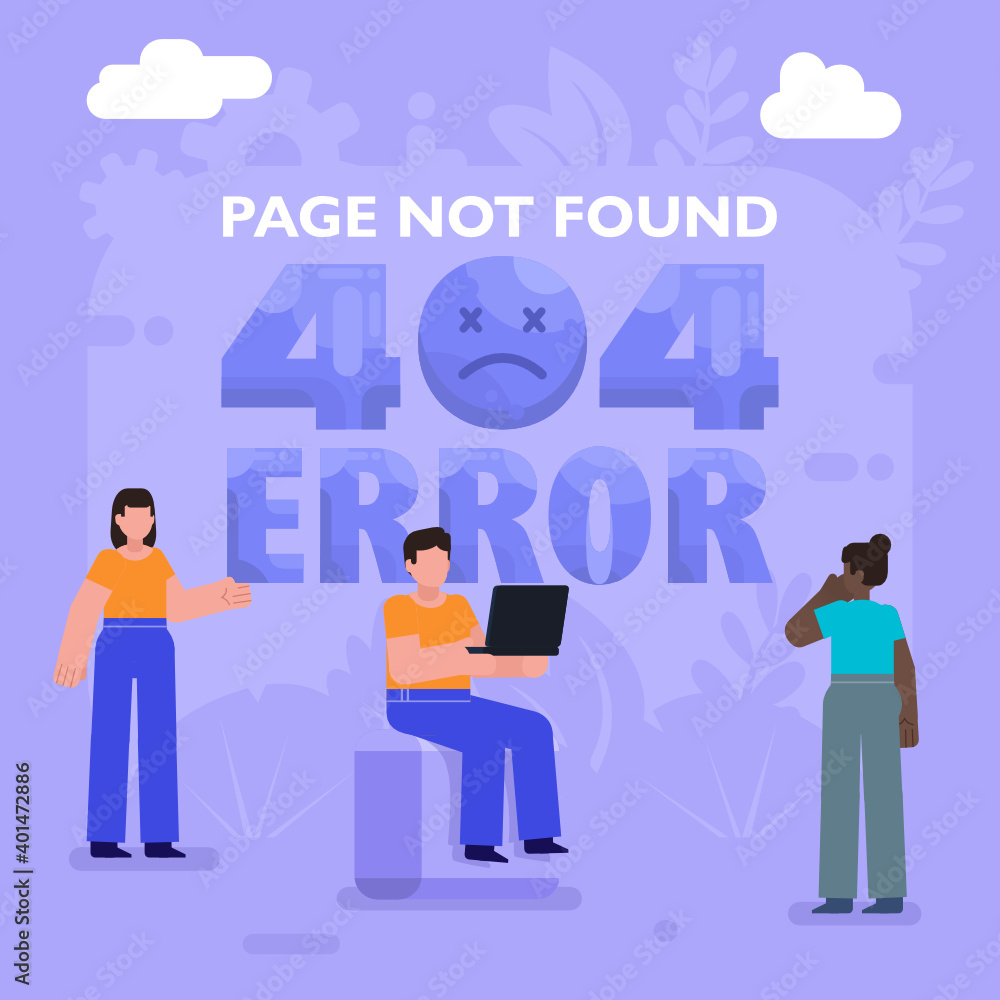 Page not found error. Group of people stand near big screen with 404 page. Modern vector illustration Page not found error. Group of people stand near big screen with 404 page. Modern vector illustration