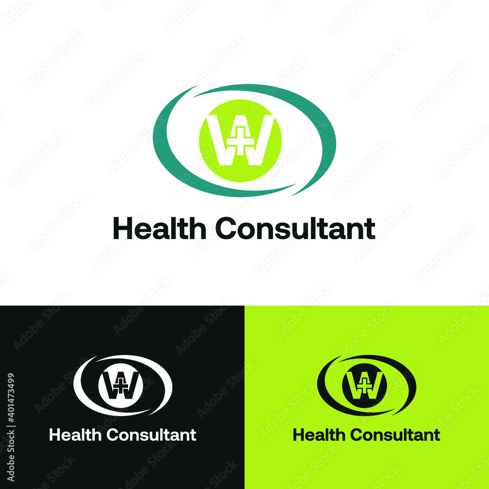 Initial letter W with medical cross icon and loop care symbol for healthy hospital medicine logo design concept vector Initial letter W with medical cross icon and loop care symbol for healthy hospital medicine logo design concept vector