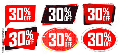 Set Sale 30% off banners, discount tags design template, vector illustration