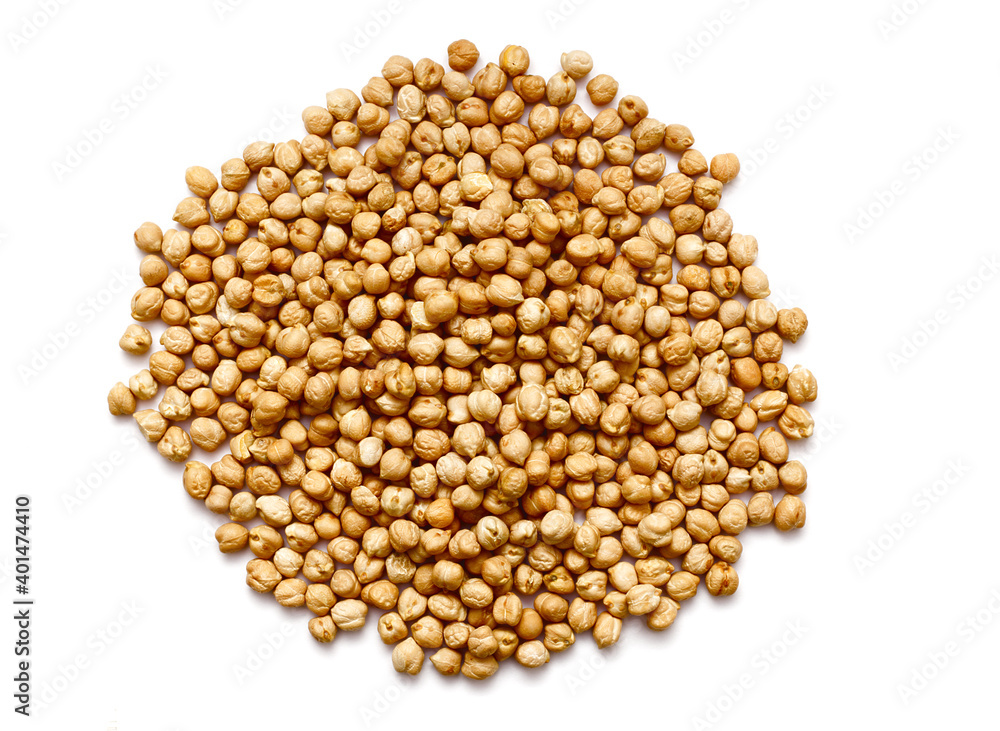 Raw, uncooked chickpeas isolated on a white background. Top view Raw, uncooked chickpeas isolated on a white background. Top view