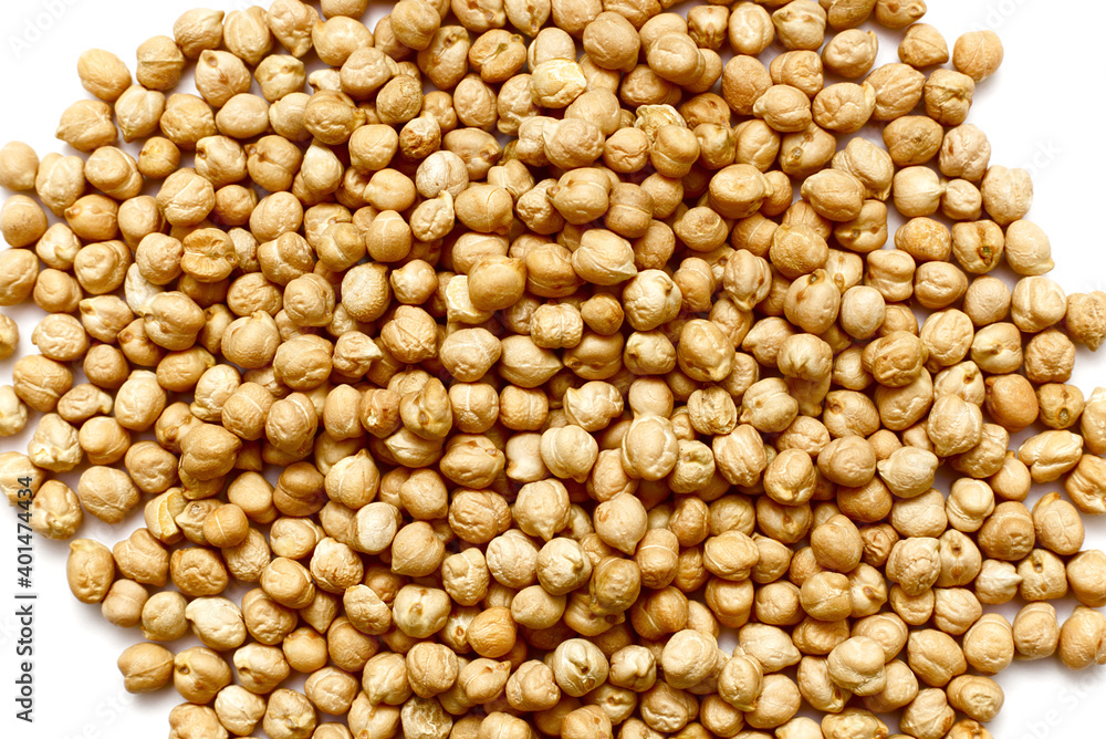 Raw, uncooked chickpeas isolated on a white background. Top view Raw, uncooked chickpeas isolated on a white background. Top view
