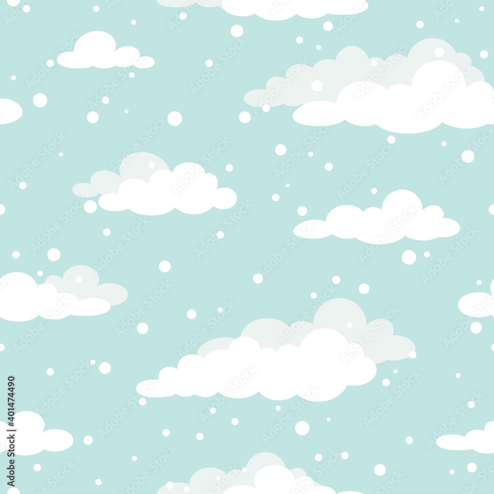 Winter Seamless pattern with white clouds and flat snowflakes and dots on blue sky. Winter Seamless pattern with white clouds and flat snowflakes and dots on blue sky.