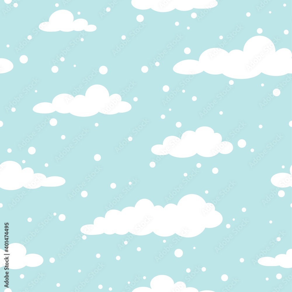 Winter Seamless pattern with white clouds and flat snowflakes and dots on blue sky.