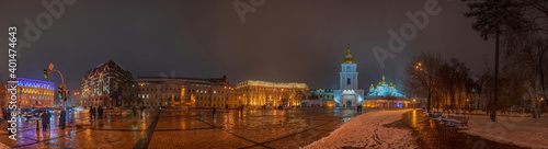 View of St. Michael's Golden-Domed Cathedral, Mikhailovskaya Square, Ministry of Foreign Affairs and Monument to Princess Olga, Apostle Andrew, Cyril and Methodius on the night before Christmas, Kyiv
