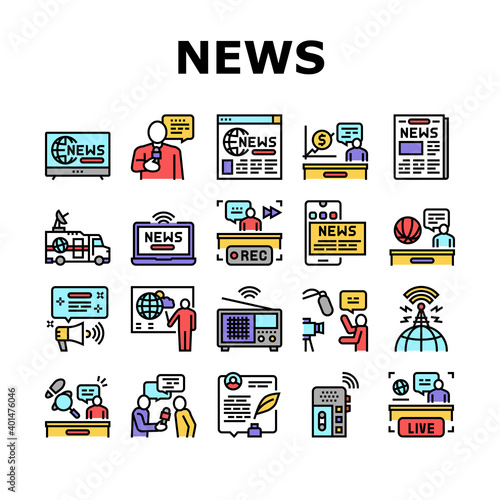 News Broadcasting Collection Icons Set Vector. Reporter Interview And Television, Financial And Sport News, Radio And Newspaper Concept Linear Pictograms. Contour Color Illustrations
