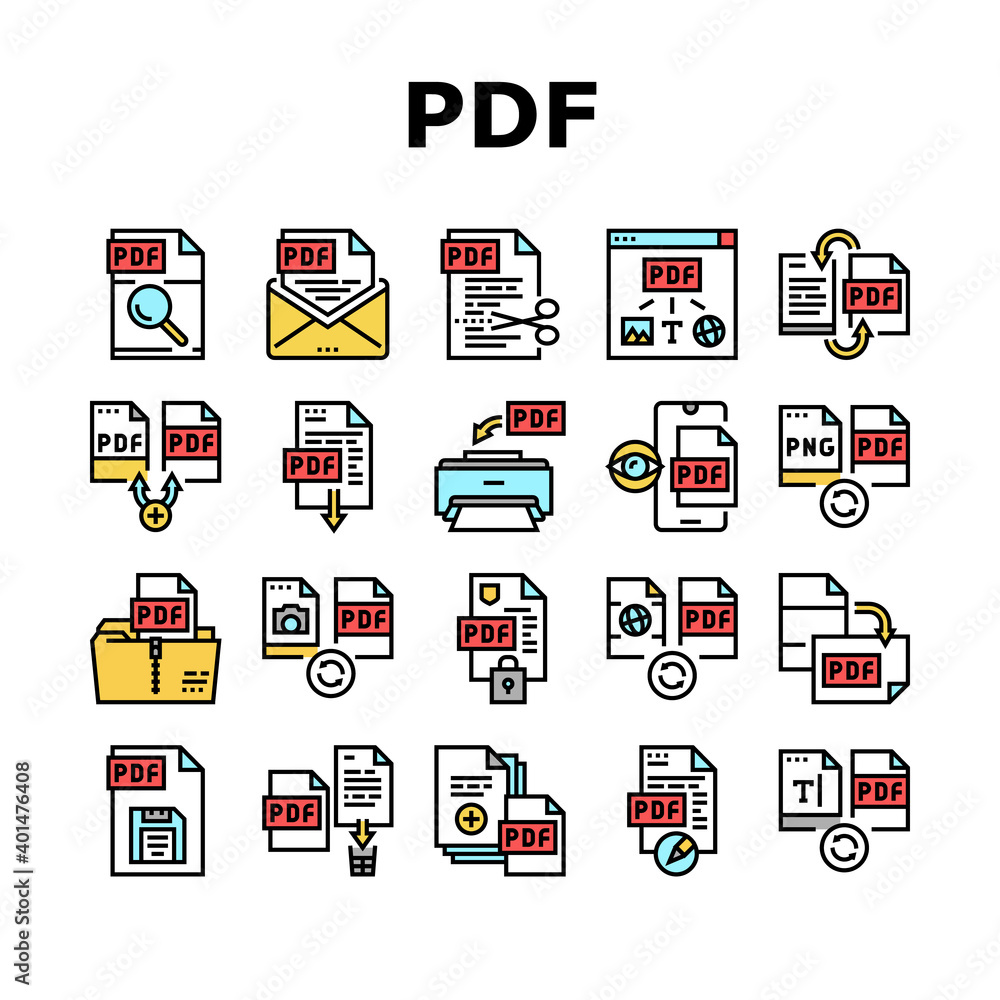 Pdf Electronic File Collection Icons Set Vector. Pdf Document Format ...