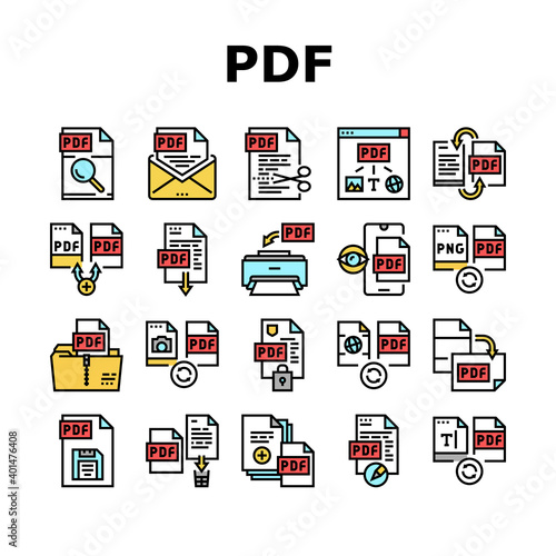 Pdf Electronic File Collection Icons Set Vector. Pdf Document Format Cut And Archiving, Locked And Editing, Download And Save Concept Linear Pictograms. Contour Color Illustrations