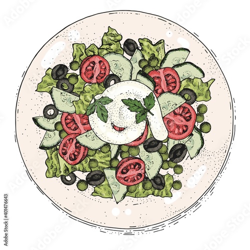 Vector hand-drawn sketch of vegetable salad on a platter. A mixture cherry tomatoes, cucumber, black olives, green peas, lettuce, spices and sauce. Vintage style engraving. Color illustration Top view