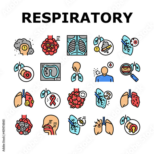 Respiratory Disease Collection Icons Set Vector. Lungs Infection, Asthma And Tuberculosis, Bronchiectasis And Cystic Fibrosis Respiratory Ill Concept Linear Pictograms. Contour Color Illustrations