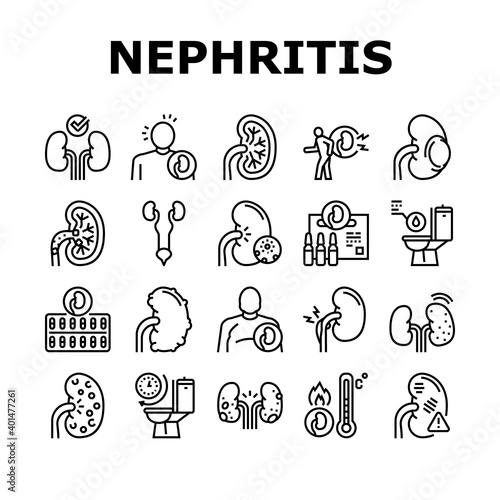 Nephritis Kidneys Collection Icons Set Vector. Kidneys Stones And Infection, Cancer And Cyst, Bloody Urine And Frequent Urination Black Contour Illustrations