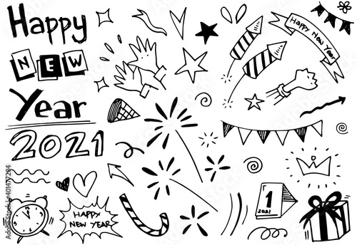 Hand drawn set elements  abstract arrows  ribbons  fireworks  trumpets  hearts  stars  crowns and other elements in a hand drawn style for concept design. Scribble illustration. Vector illustration