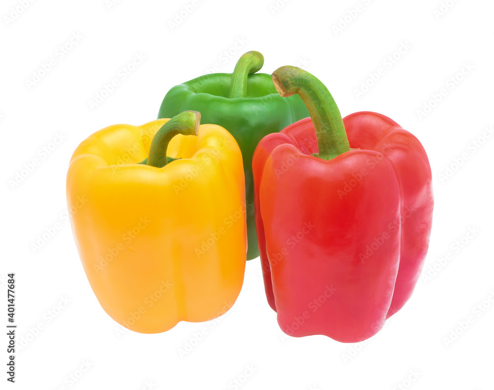 Fresh vegetables Three sweet Red, Yellow, Green Peppers isolated on white background. Fresh vegetables Three sweet Red, Yellow, Green Peppers isolated on white background.