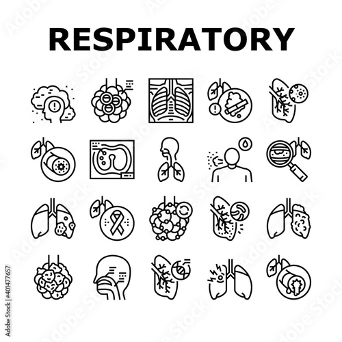 Respiratory Disease Collection Icons Set Vector. Lungs Infection, Asthma And Tuberculosis, Bronchiectasis And Cystic Fibrosis Respiratory Ill Black Contour Illustrations