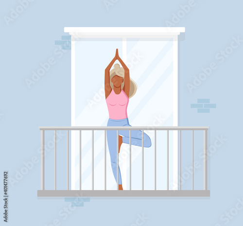 Home yoga. Meditation. Sports. Girl performs aerobics exercises and morning meditation at home on the balcony. Mental health and relaxation. Stock illustration. Physical and spiritual practice.