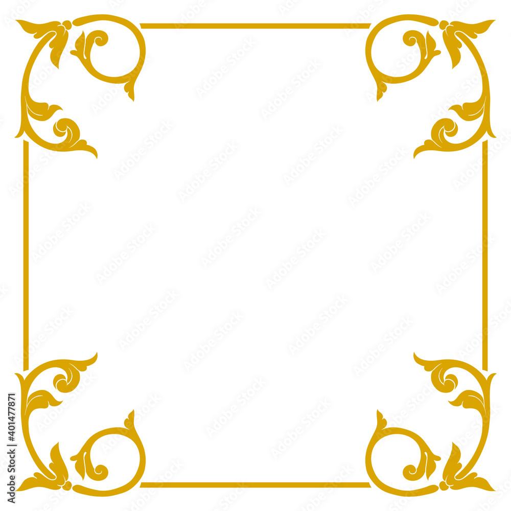 Gold Frame and Border with baroque style. Ornament elements for your design. Black and white color. Floral engraving decoration for postcards or invitations for social media.