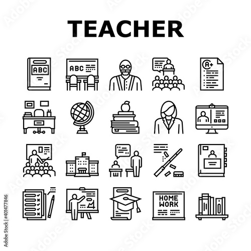 Teacher Education Collection Icons Set Vector. Geography And Abc Educational Lesson, Test And School Graduation, Home Work And Examination Black Contour Illustrations