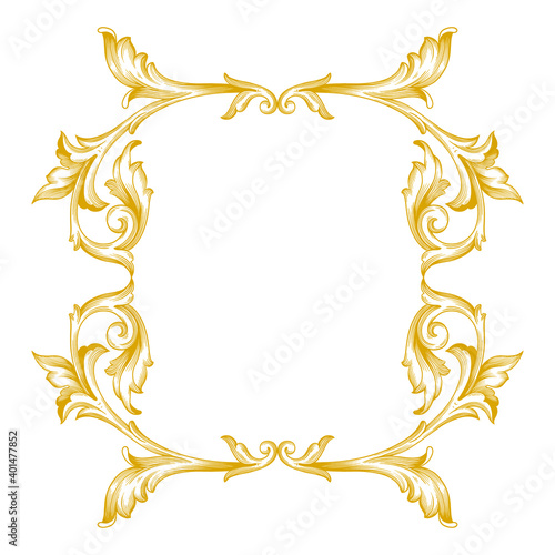 Gold Frame and Border with baroque style. Ornament elements for your design. Black and white color. Floral engraving decoration for postcards or invitations for social media.