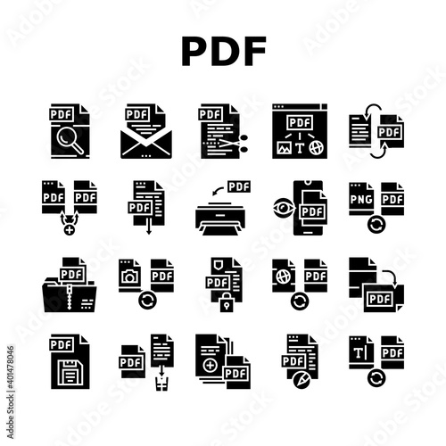 Pdf Electronic File Collection Icons Set Vector. Pdf Document Format Cut And Archiving, Locked And Editing, Download And Save Glyph Pictograms Black Illustrations