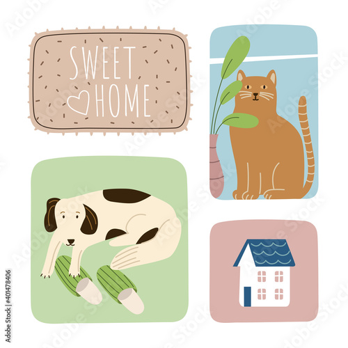 Set of illustrations in round rectangles. Home sweet home. Dog, cat, building, carpet.