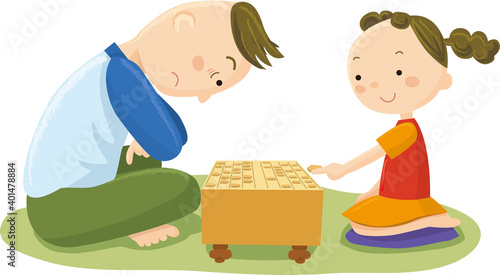 将棋を指す女の子と男の人
