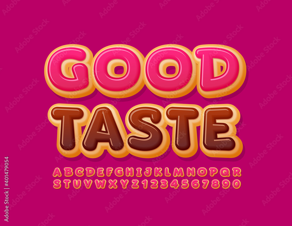 Vector delicious emblem Good Taste. Pink Glazed Font. Sweet Alphabet Letters and Numbers set Vector delicious emblem Good Taste. Pink Glazed Font. Sweet Alphabet Letters and Numbers set