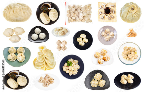 set of various dumplings (dim sum, buuz, pelmeni, pyanse, khinkali, manti, etc) isolated on white background