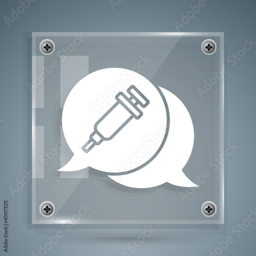 White Addiction to the drug icon isolated on grey background. Heroin, narcotic, addiction, illegal. Sick junkie with a syringe and medical pills. Square glass panels. Vector.
