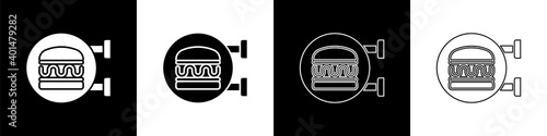 Set Online ordering and burger delivery icon isolated on black and white background. Vector.