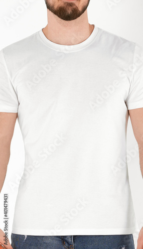 closeup of man wearing white t-shirt without a logo. design template for logo branding