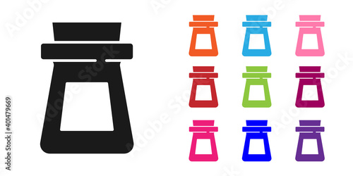 Black Bottle with potion icon isolated on white background. Flask with magic potion. Happy Halloween party. Set icons colorful. Vector.