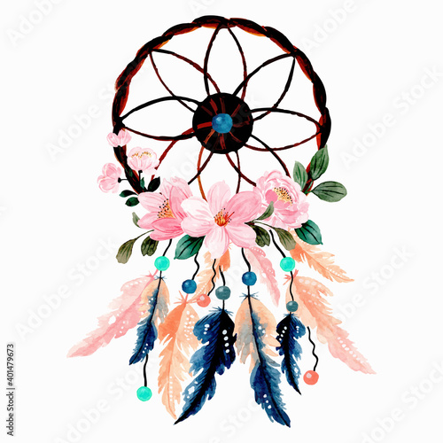 Watercolor dream catcher with pink flower