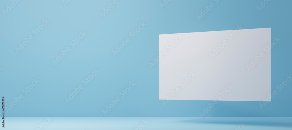 Fototapeta premium 水色の背景と白い空白のメッセージカードの3Dレンダリンググラフィックス / コピースペースのあるバックグラウンドイメージ