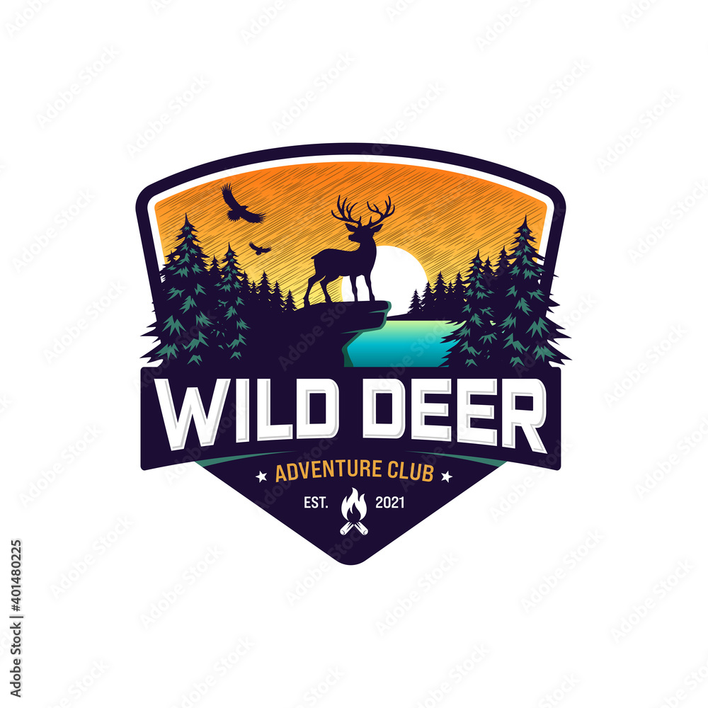 Vintage wild deer and mountain logo design vector template