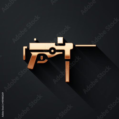 Gold Submachine gun M3, Grease gun icon isolated on black background. Long shadow style. Vector.