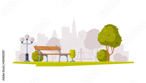 Cityscape View with Streetlight and Bench Vector Illustration