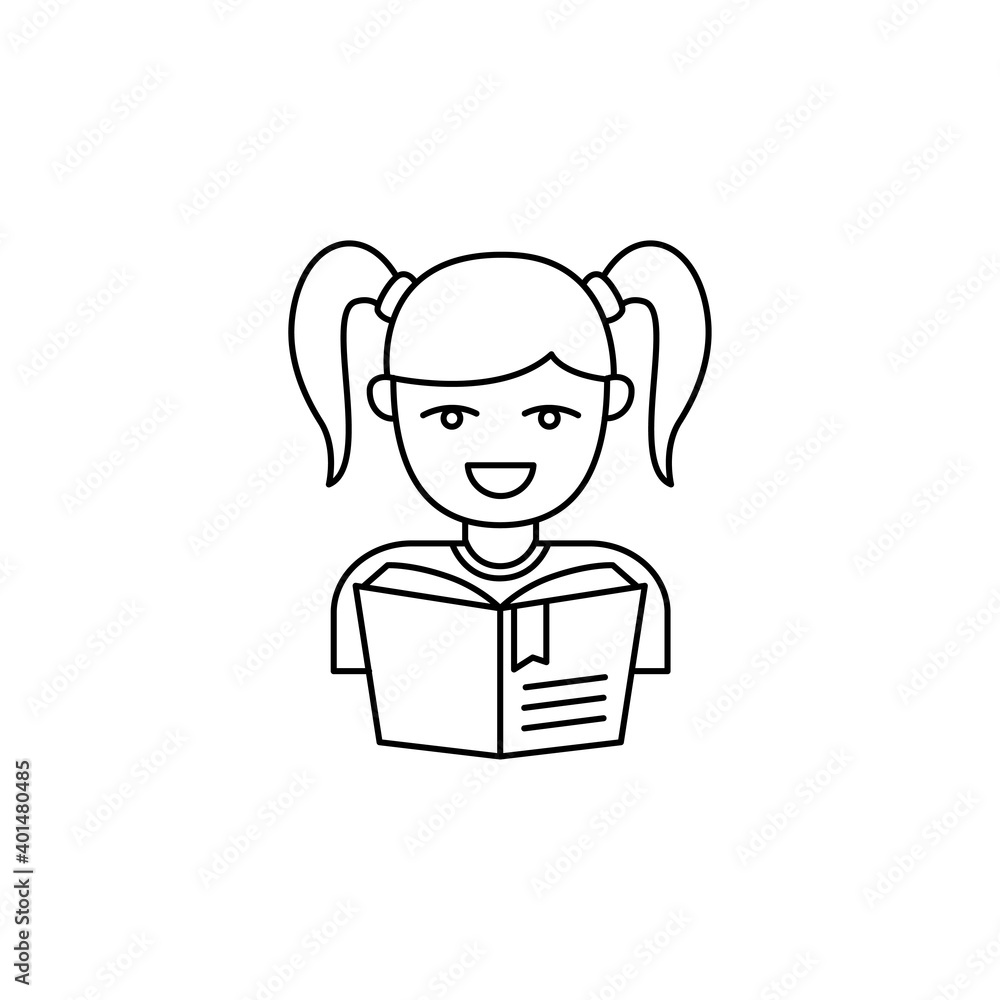 Simple line art style of girl reading a book isolated on white background. Linear style of female student icon Simple line art style of girl reading a book isolated on white background. Linear style of female student icon