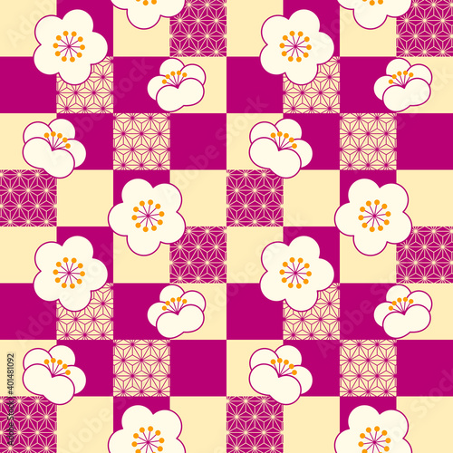 Seamless pattern of plum blossoms with red-purple checkered pattern and Japanese pattern of hemp leaves. Vector illustration.