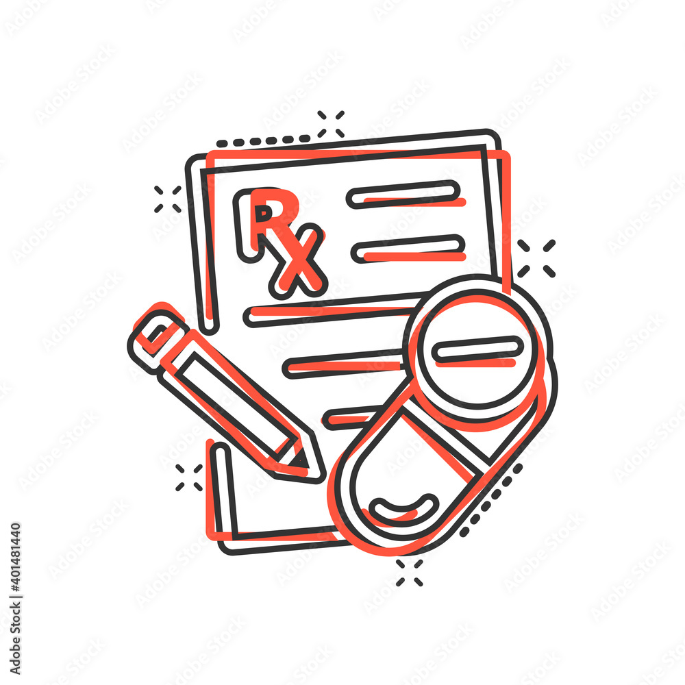 Prescription icon in comic style. Rx document cartoon vector illustration on white isolated background. Paper splash effect business concept. Prescription icon in comic style. Rx document cartoon vector illustration on white isolated background. Paper splash effect business concept.
