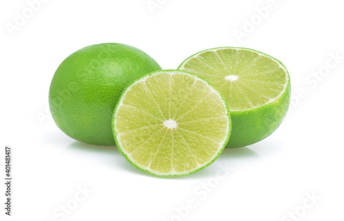 Fresh green lime fruit white slices isolated on white background.