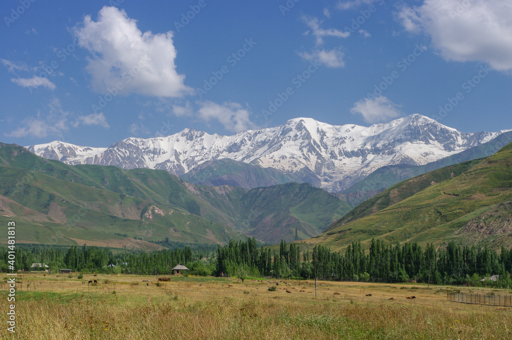 Beautiful rural view of the snow-capped Academy of Sciences mountain range near Garm in the Rasht valley, Tajikistan