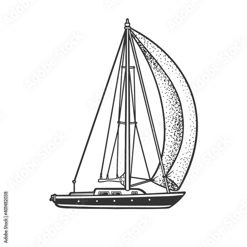 single sail yacht boat sketch engraving vector illustration. T-shirt apparel print design. Scratch board imitation. Black and white hand drawn image.