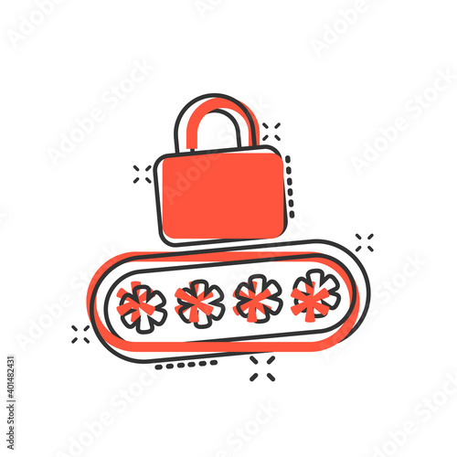 Login icon in comic style. Password access cartoon vector illustration on white isolated background. Padlock entry splash effect business concept.