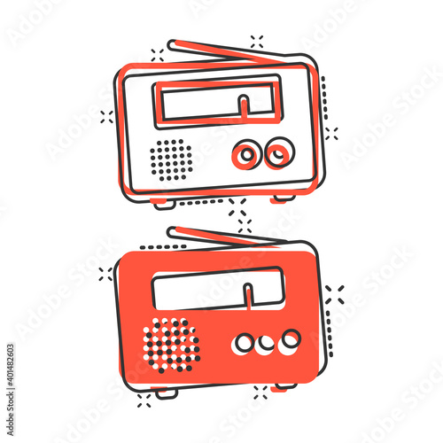 Radio icon in comic style. Fm broadcast cartoon vector illustration on white isolated background. Radiocast splash effect business concept. photo