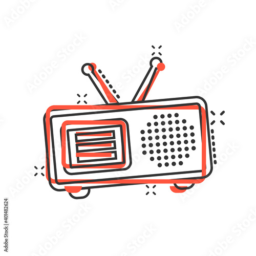 Radio icon in comic style. Fm broadcast cartoon vector illustration on white isolated background. Radiocast splash effect business concept. photo