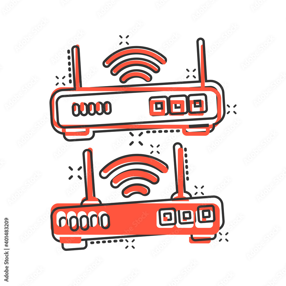 Wifi router icon in comic style. Broadband cartoon vector illustration on white isolated background. Internet connection splash effect business concept. Wifi router icon in comic style. Broadband cartoon vector illustration on white isolated background. Internet connection splash effect business concept.