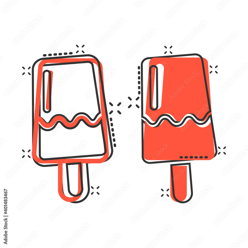 Ice cream icon in comic style. Sundae cartoon vector illustration on white isolated background. Sorbet dessert splash effect business concept. Ice cream icon in comic style. Sundae cartoon vector illustration on white isolated background. Sorbet dessert splash effect business concept.