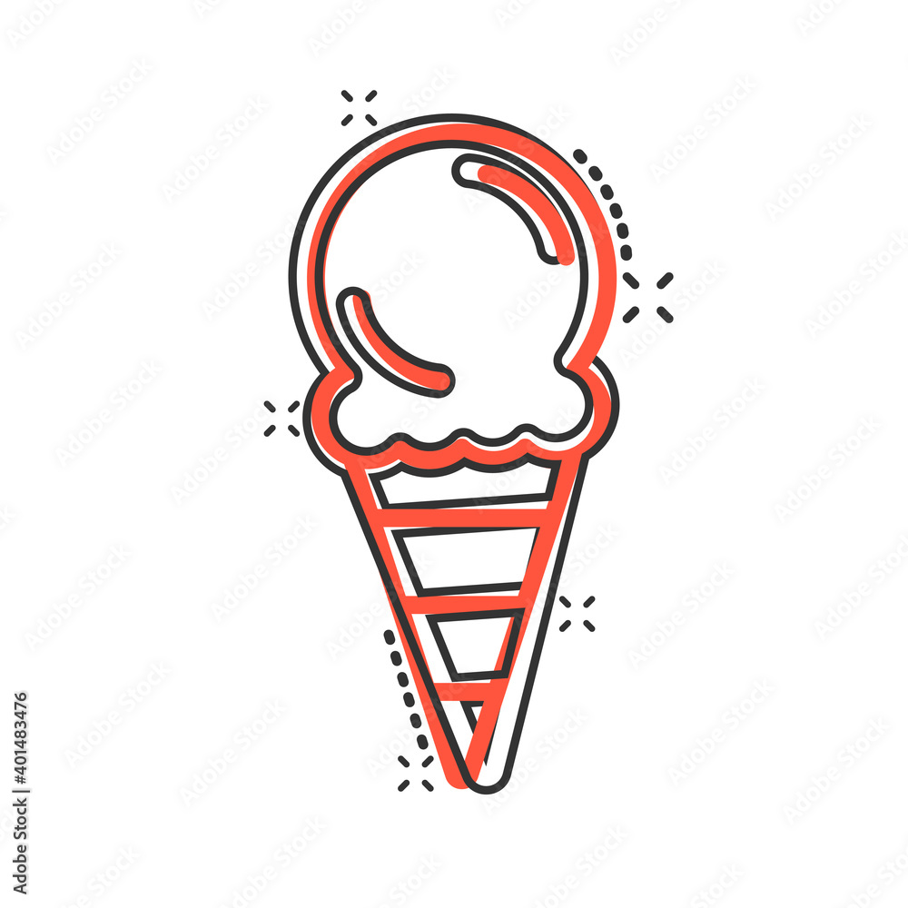 Ice cream icon in comic style. Sundae cartoon vector illustration on white isolated background. Sorbet dessert splash effect business concept.