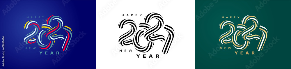 2021 Happy New Year logo curl lines style text. Set 2021 number design template 2021 Happy New Year logo curl lines style text. Set 2021 number design template
