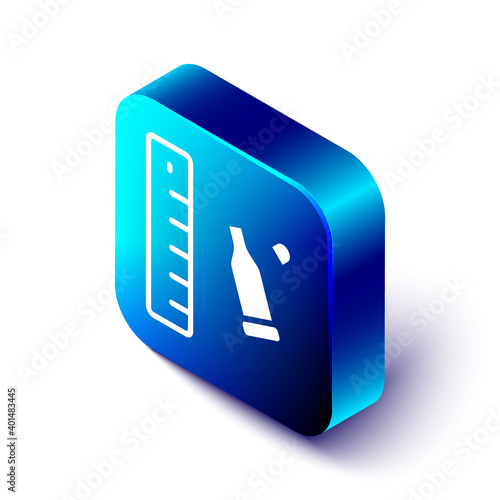 Isometric Bullet casing as a piece of evidence placed with forensic ruler for documentation icon isolated on white background. Concept of crime scene. Blue square button. Vector.